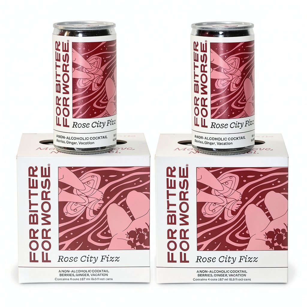 For Bitter For Worse spritz cans displayed on a table with ice and garnishes