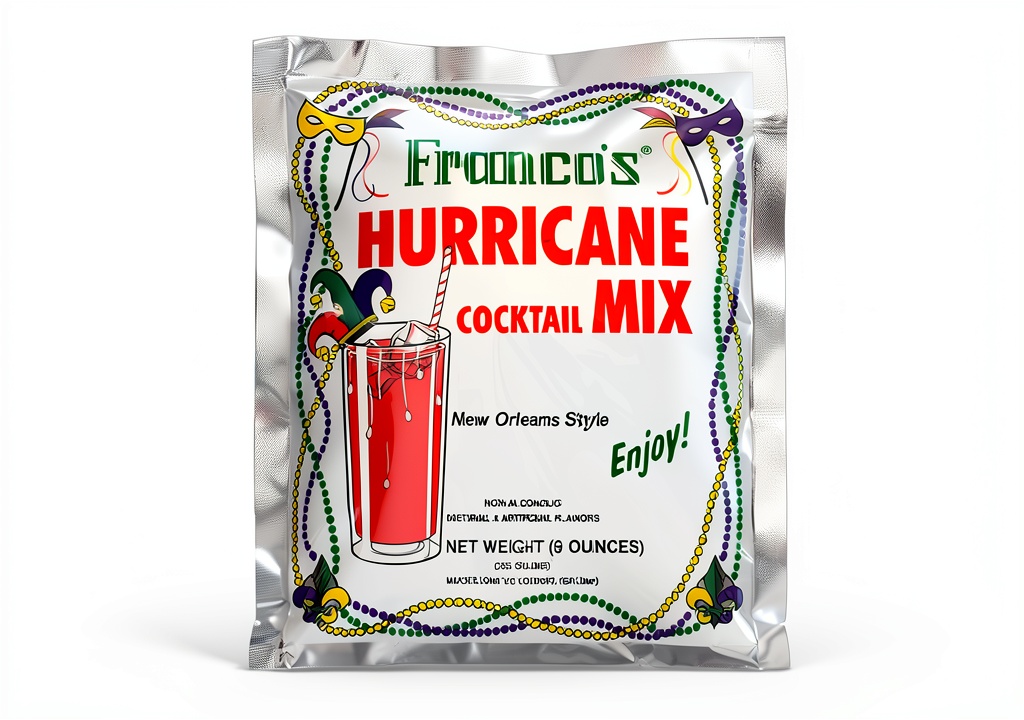 Hurricane cocktail mix pouches displayed with rum and garnishes