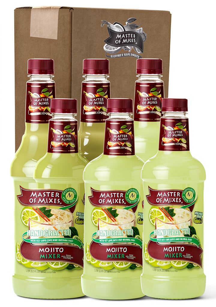 Master of Mixes cocktail mixer bottles displayed on bar counter