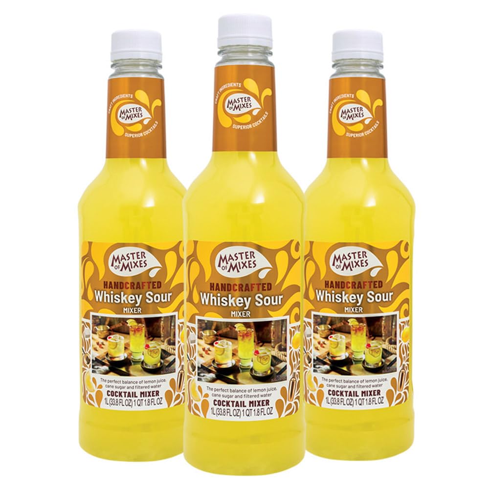Master of Mixes Whiskey Sour Mixer bottle displayed on a bar counter